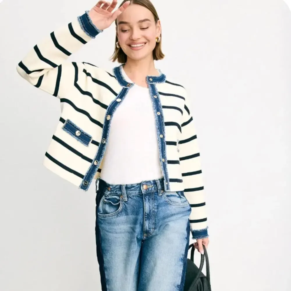 Sandro White Blue Stripe Cardigan SIZE 4 Lady Jacket Denim Preppy Designer $368